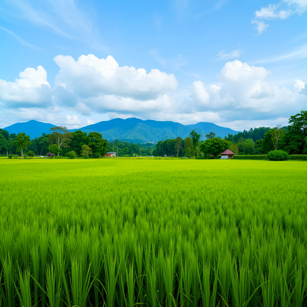 Vibrant green rice field under a clear blue sky, serene rural landscape.