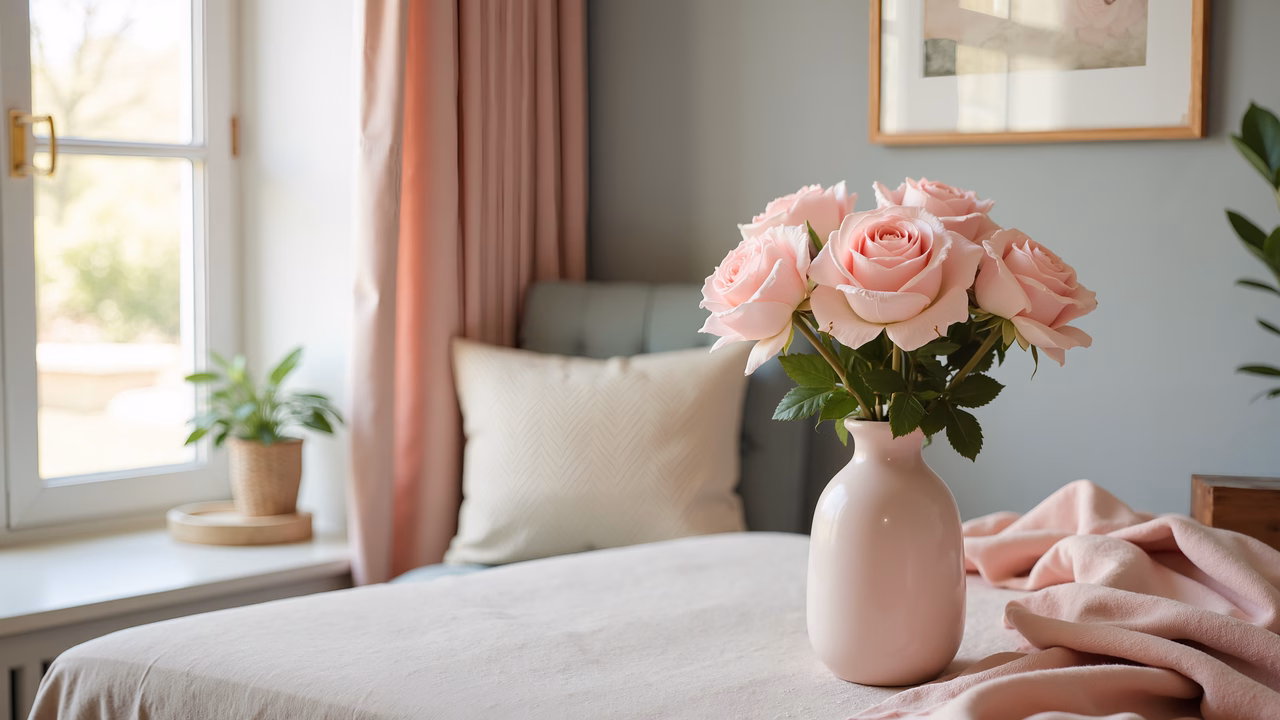 Soft pastel tones and delicate flowers create a calming interior design scene.