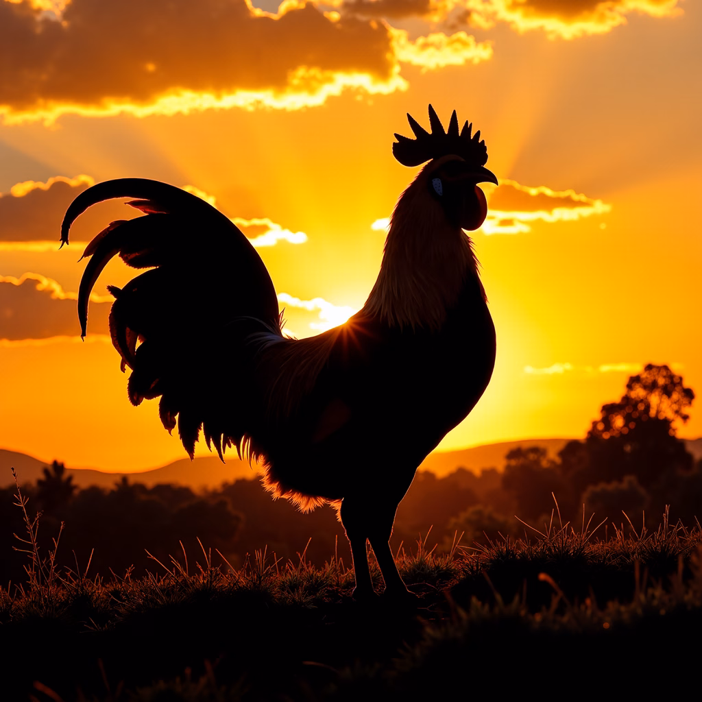 Silhouetted rooster against a radiant sunset, capturing the essence of tranquility and nature's splendor.