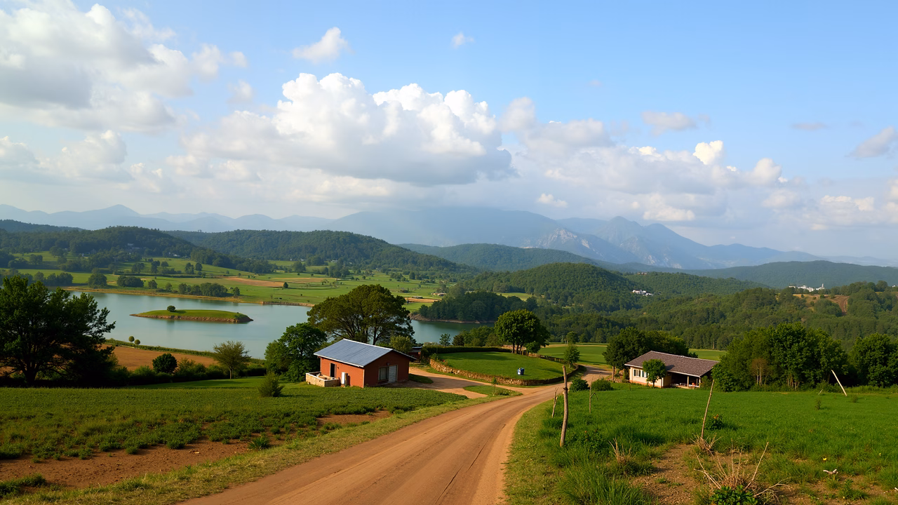A picturesque rural scene with rolling hills, a lake, and a dirt road leading to two small houses.