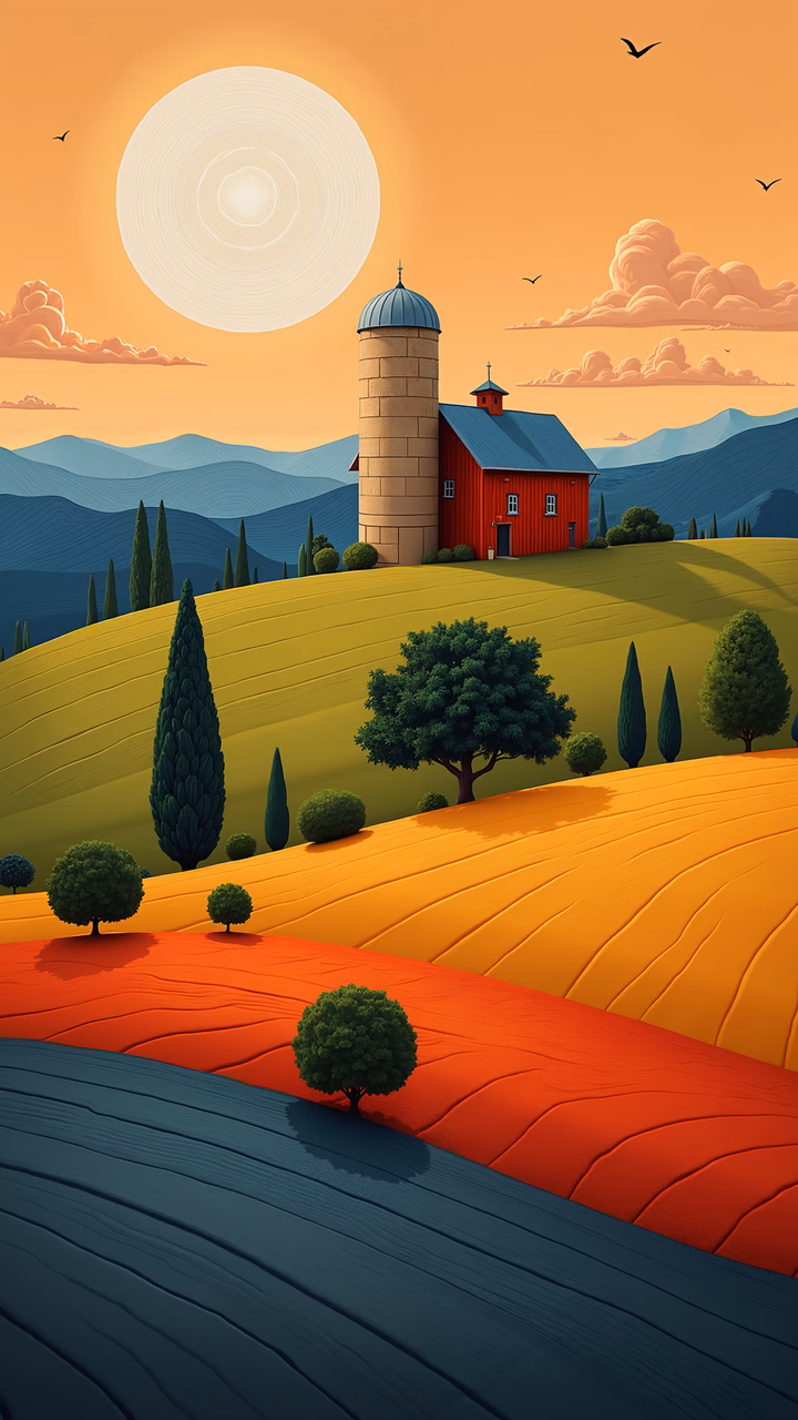 A picturesque farm scene with a red barn and rolling hills under a warm autumn sky.