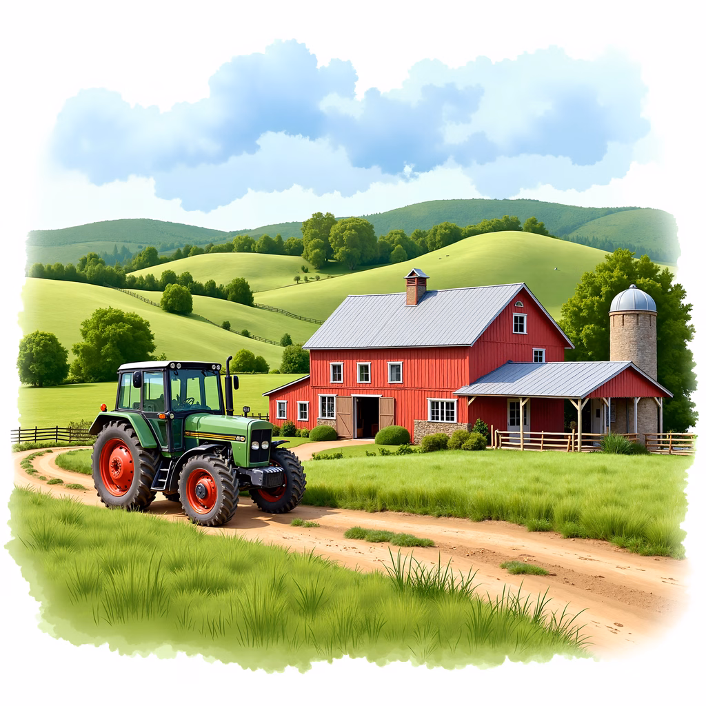 A tranquil farm scene with a red barn, green tractor, and rolling hills under a bright blue sky.