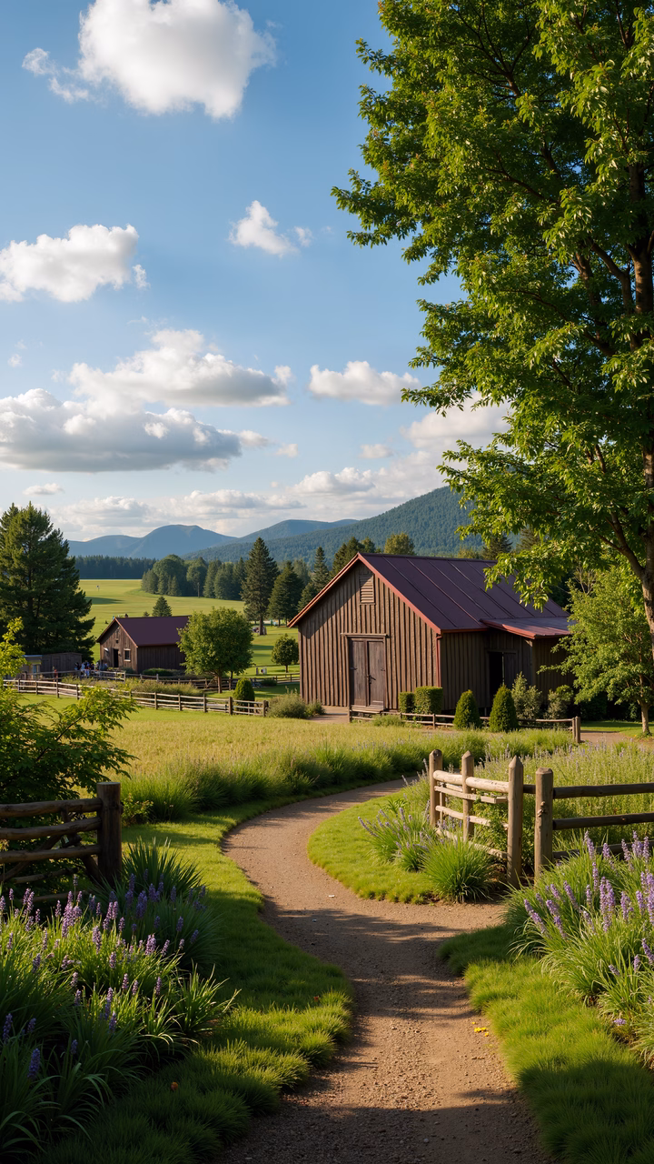 A picturesque rural landscape with a winding path and a barn under a clear sky.