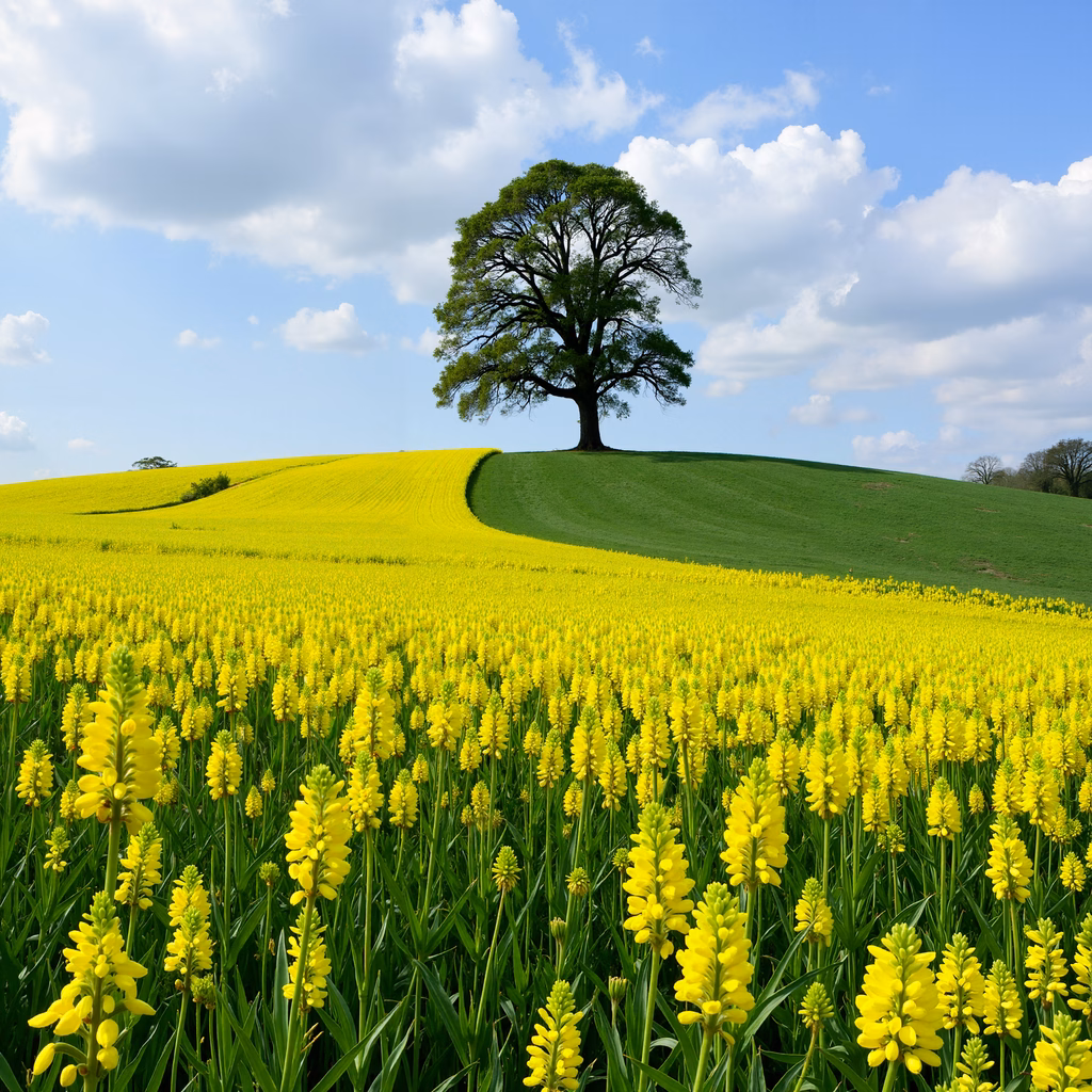 A lone tree amidst blooming yellow fields under a sunny sky.