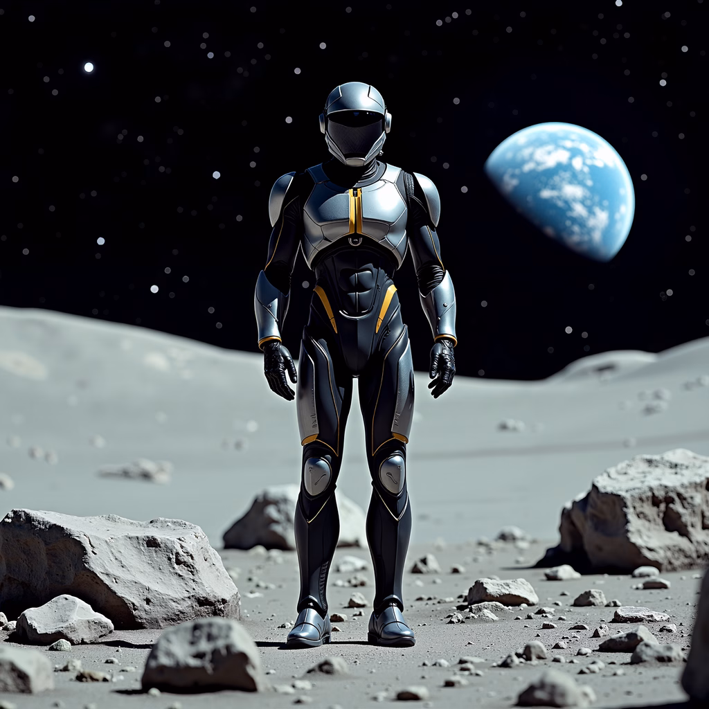 Futuristic astronaut on a moon-like planet, gazing at Earth.