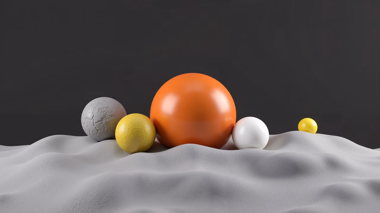 Minimalist spheres on textured sand against a dark backdrop