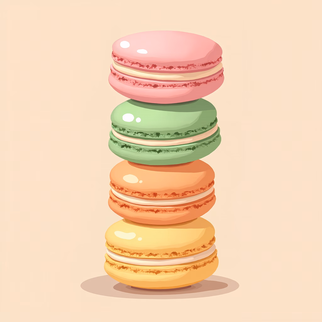 Delicate stack of colorful macarons against a soft beige backdrop.