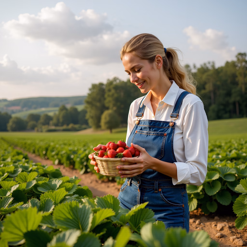 Woman picking strawberries in a sunny field, enjoying nature's bounty.