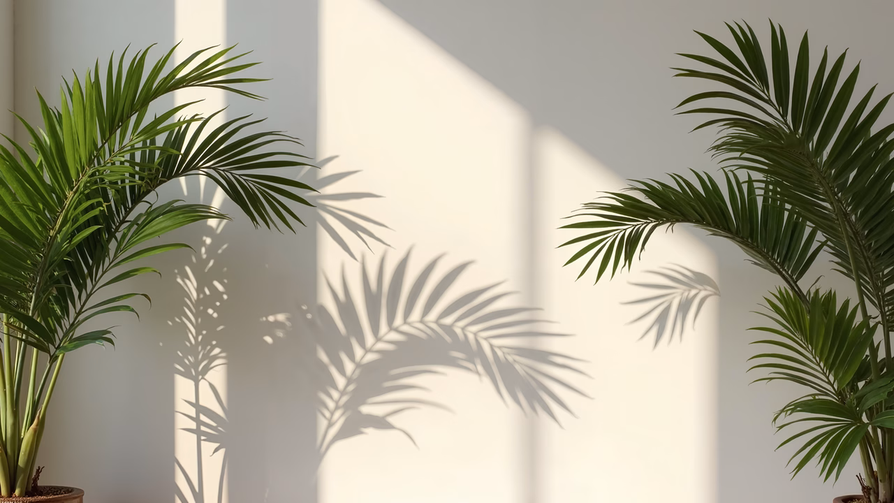 Sunlit palm shadows cast by two potted plants against a white wall, creating a serene and elegant atmosphere.