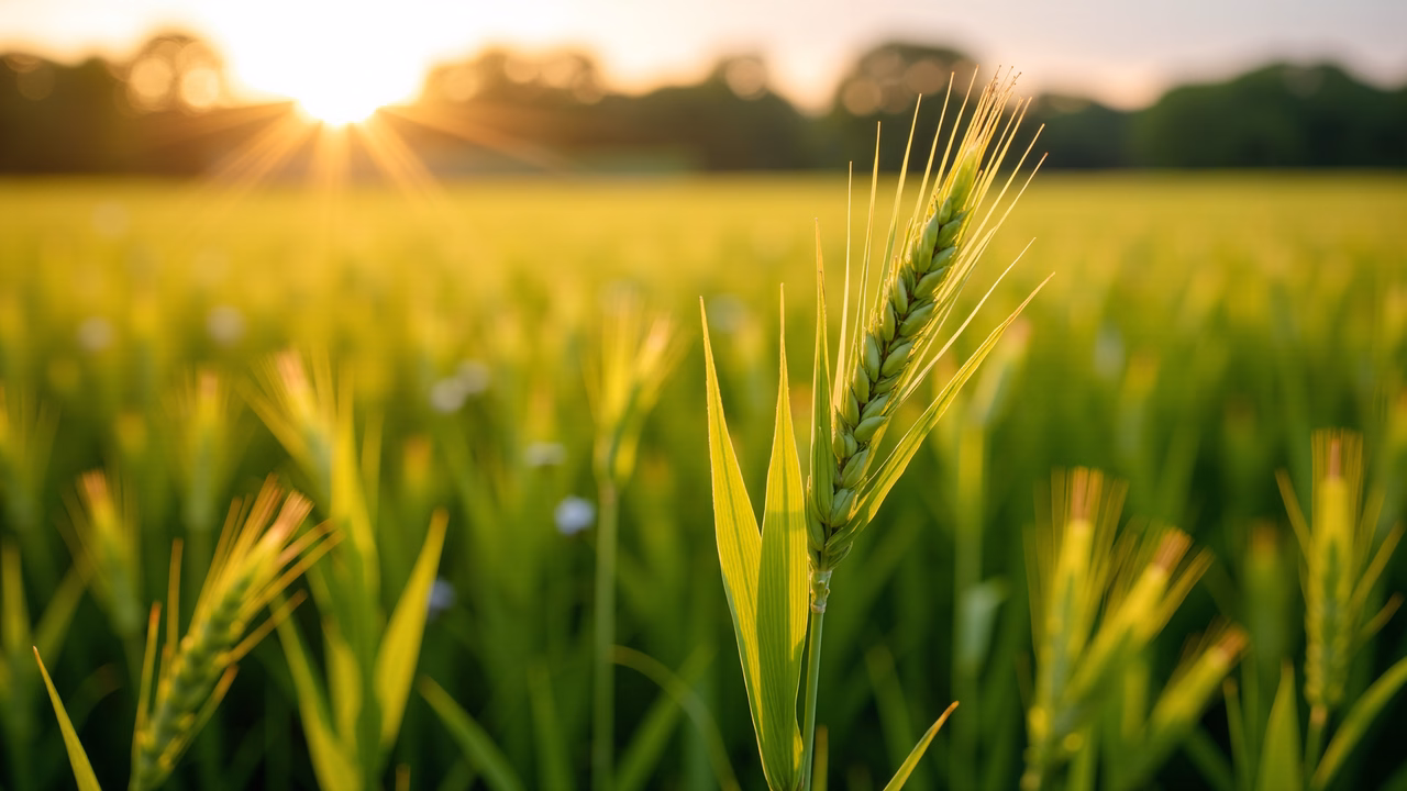 Golden sunset illuminates a lush wheat field, capturing the essence of rural tranquility.