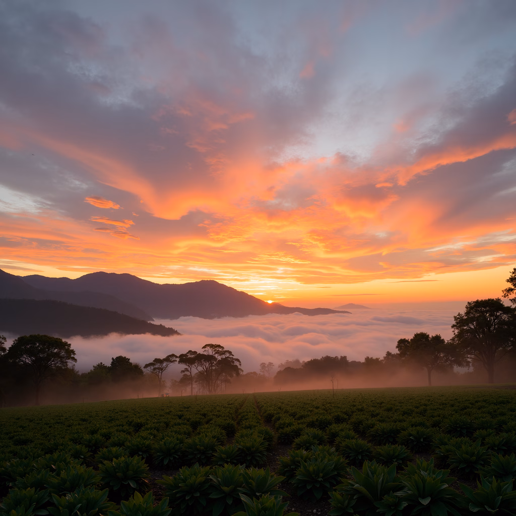 Vibrant sunrise over misty fields, serene landscape