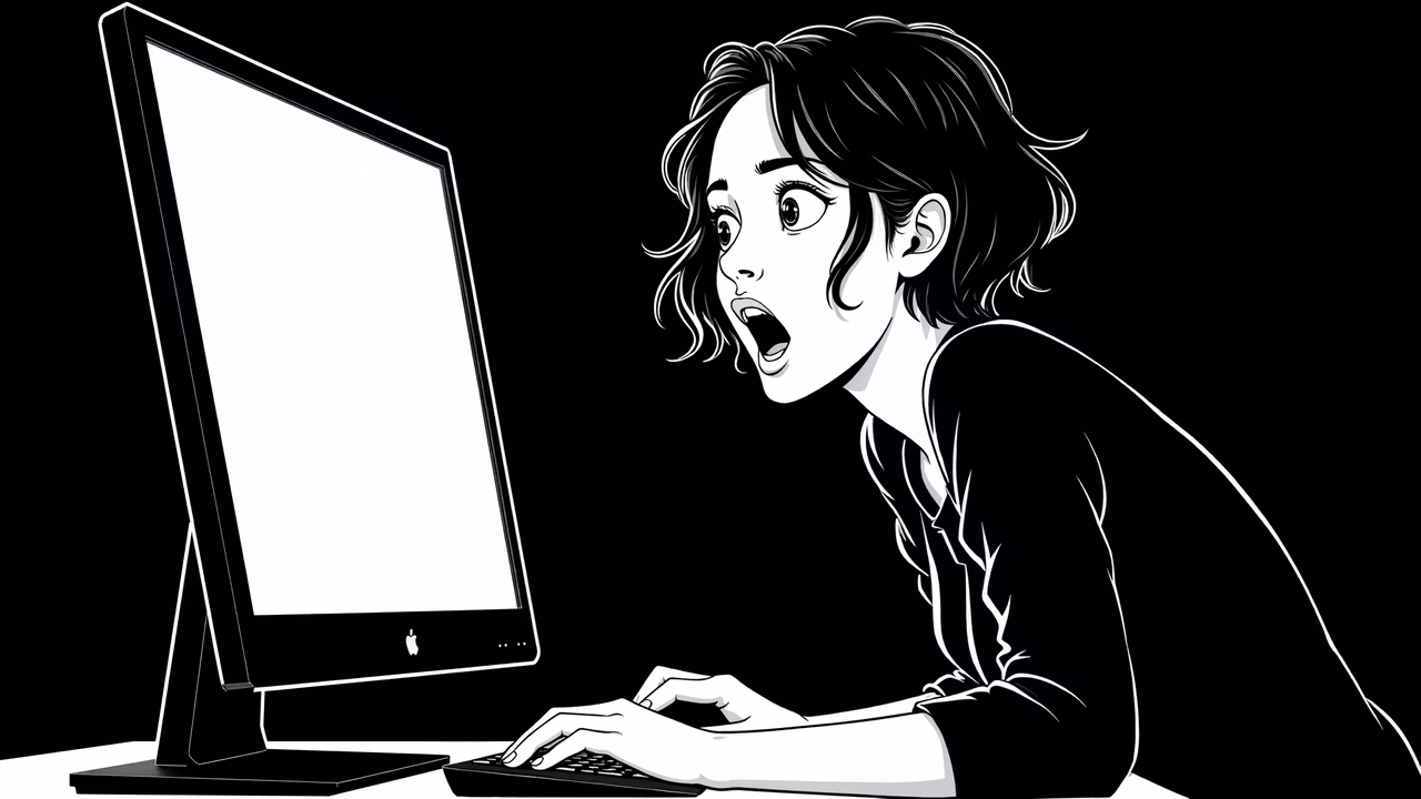 A shocked woman reacting to something on her computer screen in a minimalist black-and-white illustration.
