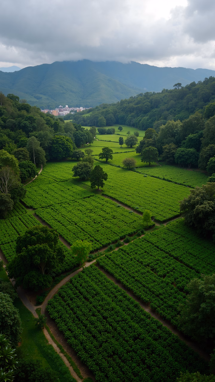 Aerial view of a tea plantation surrounded by greenery under an overcast sky.