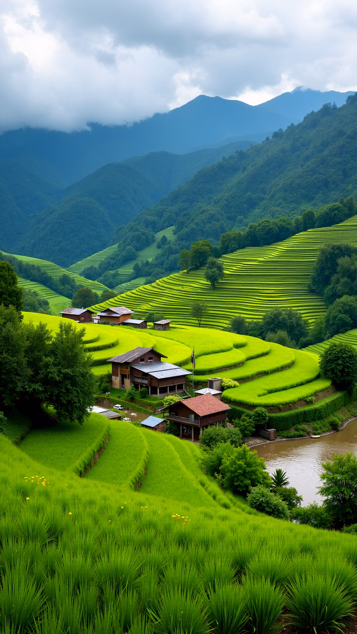 Terraced rice fields in lush greenery, serene landscape, rural charm