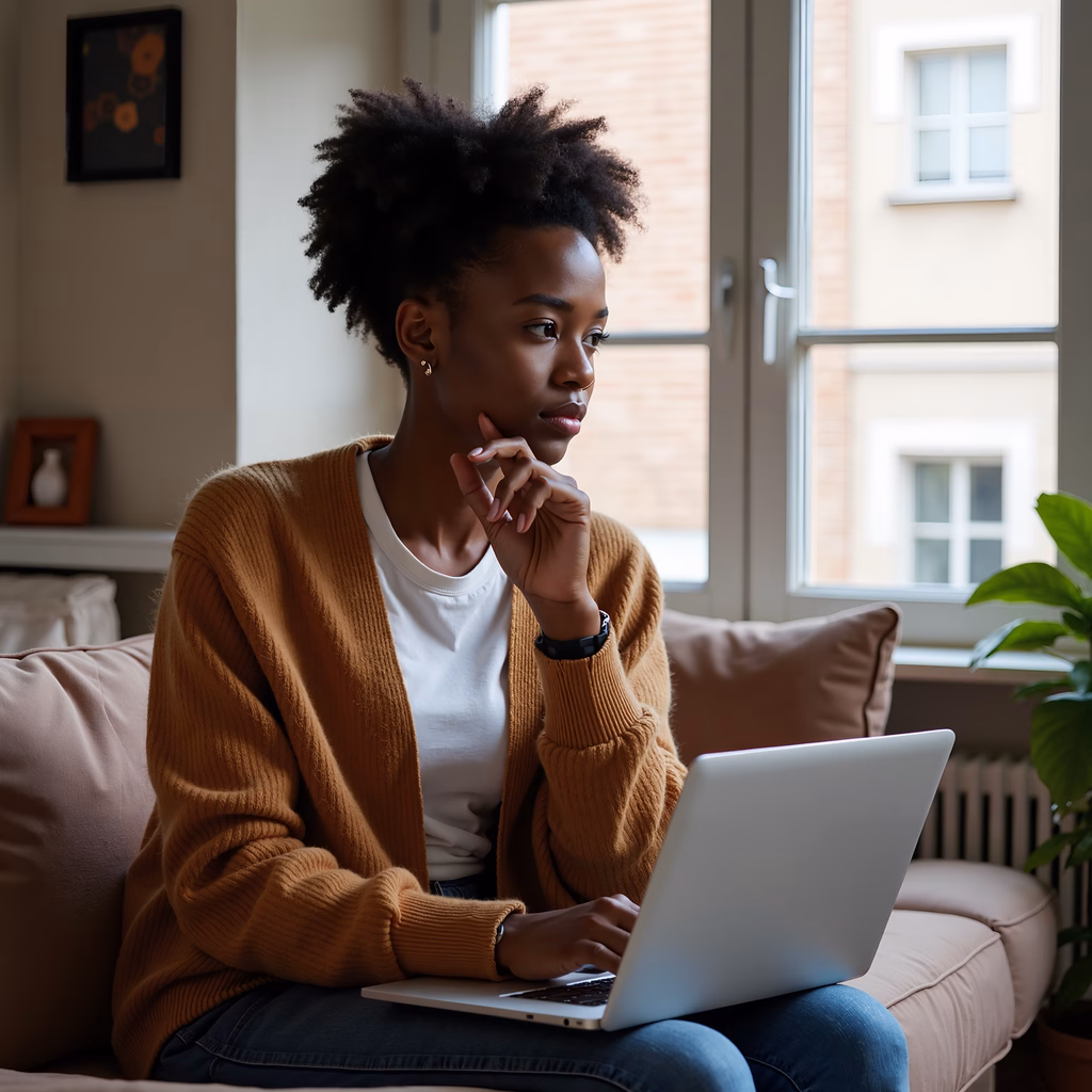 Casual portrait of a woman thinking deeply while using her laptop.