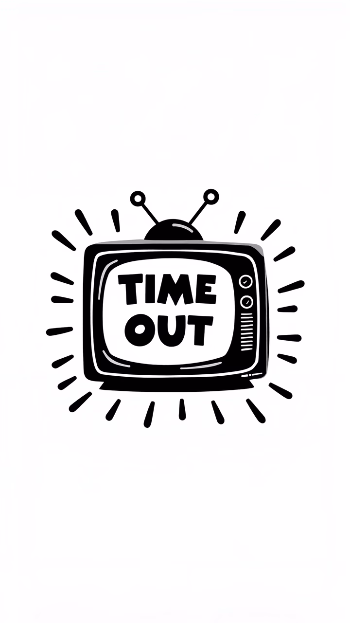 Minimalist illustration of a TV displaying 'TIME OUT' with retro antennae.