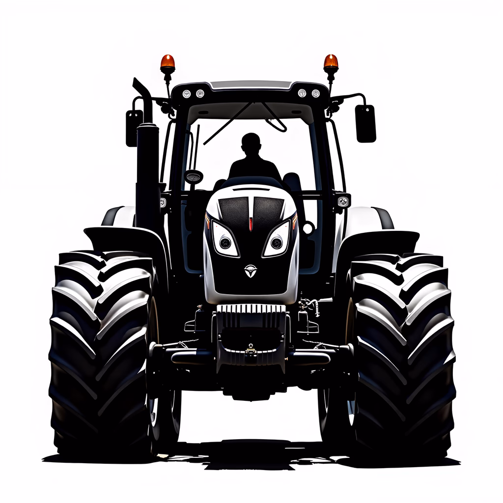 Modern tractor illustration in black and white, emphasizing robust design and reliability.