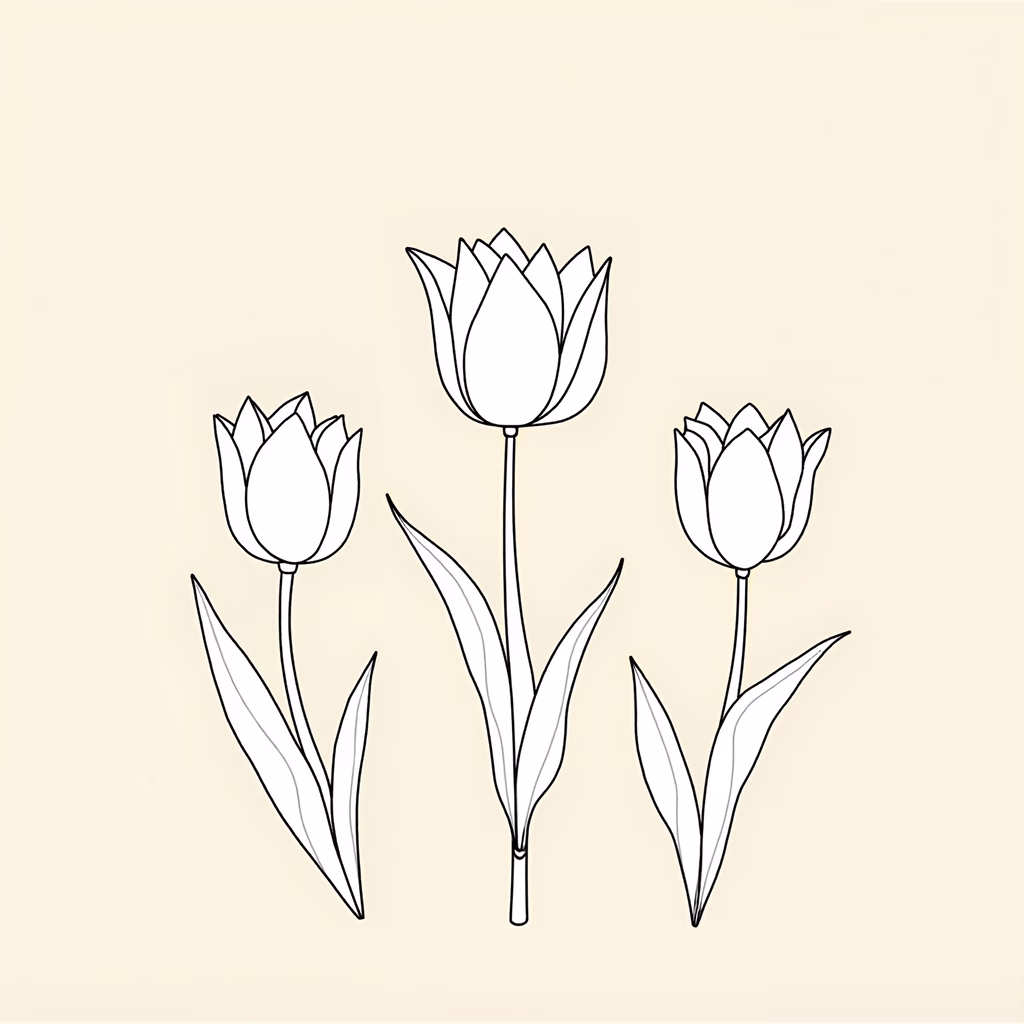 Minimalist tulip illustration in black and white, serene floral art.
