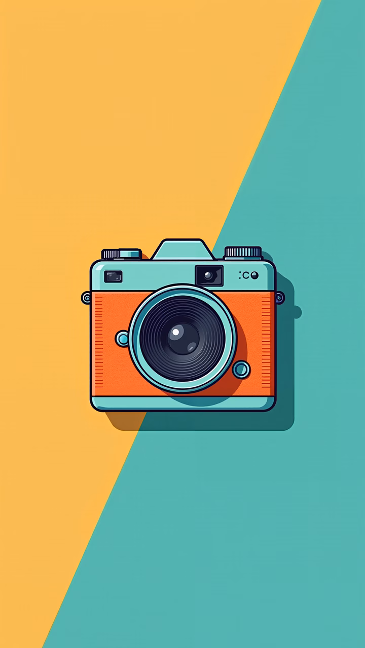 A retro camera illustration with a split color background.
