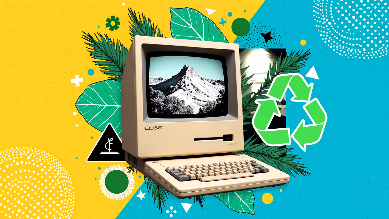 Retro computer with recycling symbol, vibrant colors, eco-friendly message