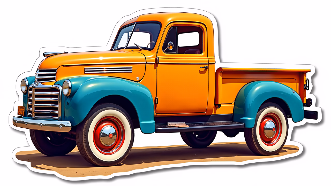 Classic vintage pickup truck in bright orange and teal, nostalgic charm, bold colors