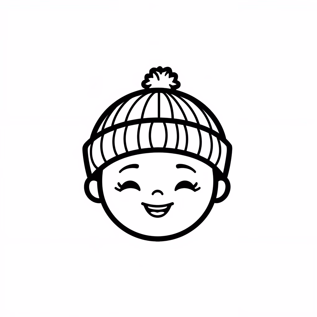 Simple winter hat illustration with a happy face, black and white, modern style.