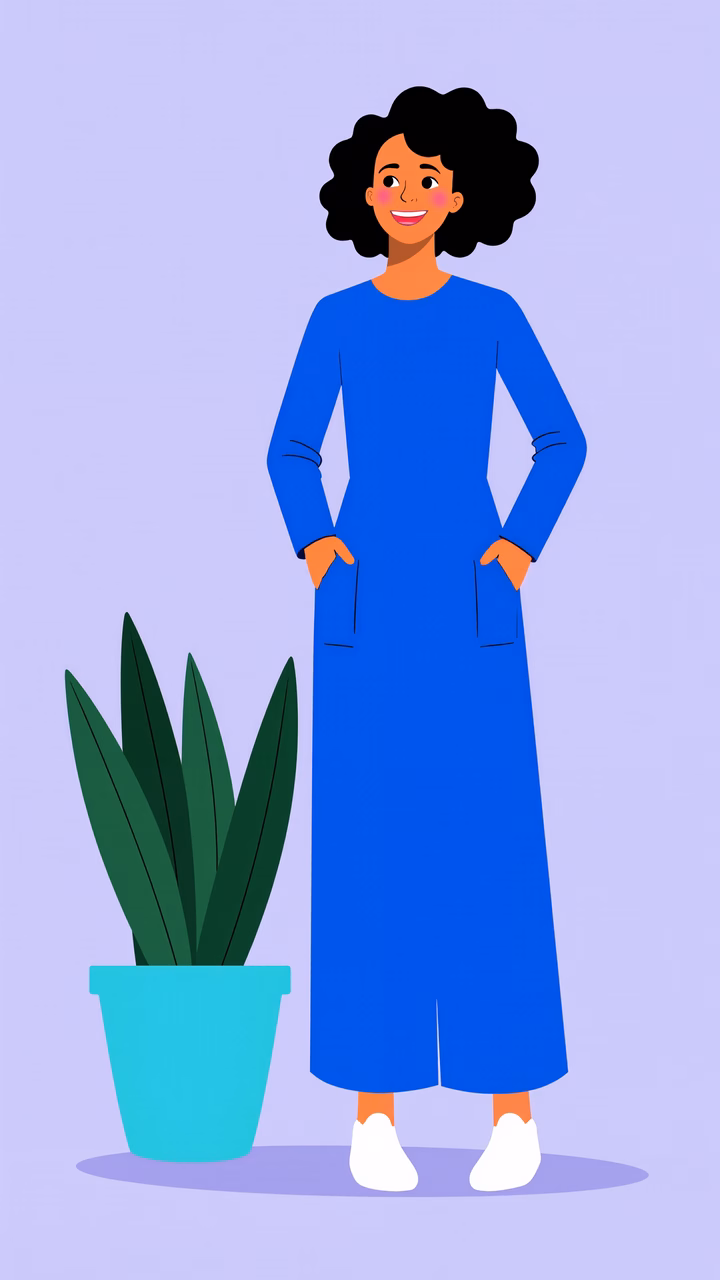 Confident woman in stylish blue dress with a touch of nature.