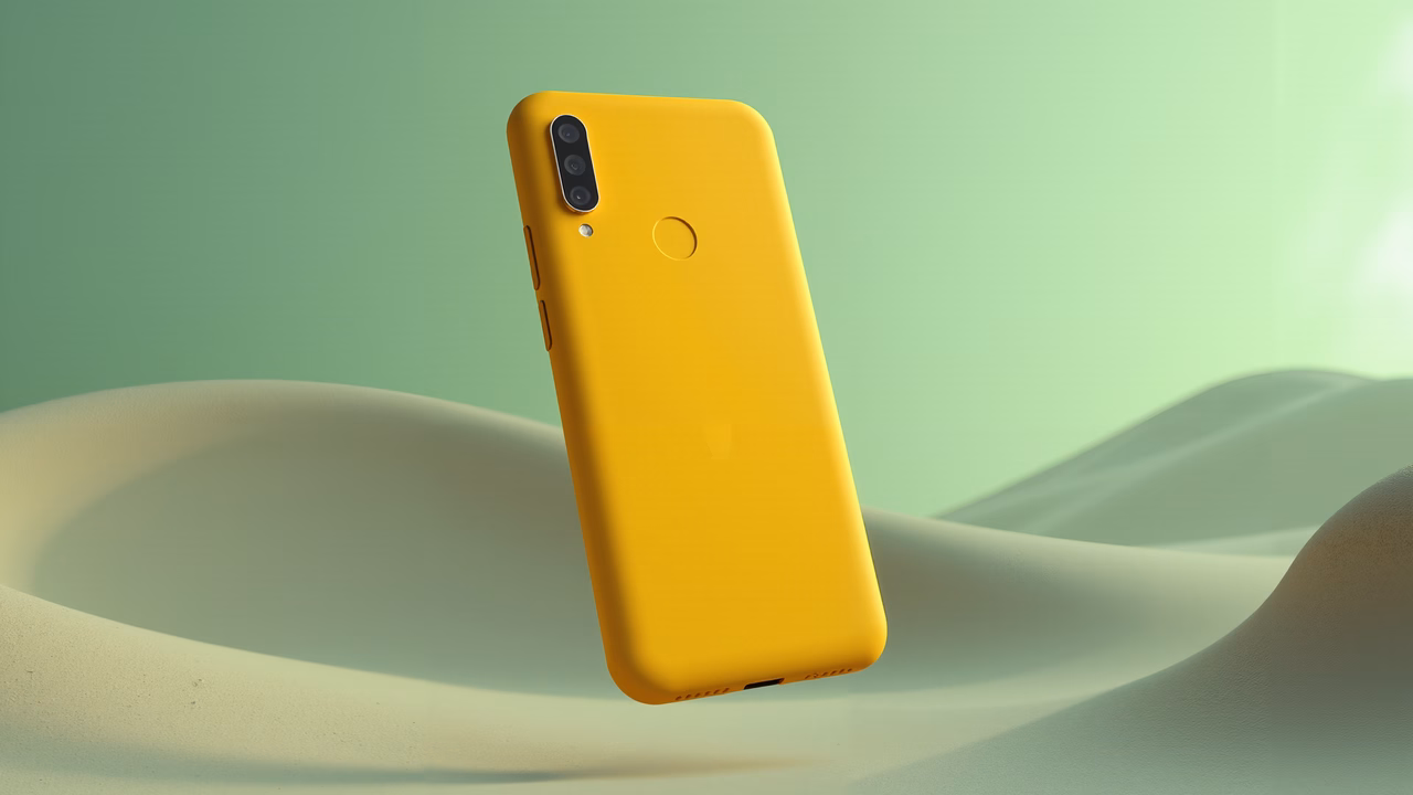 A yellow phone floating above sandy dunes in a serene, diffused light setting.