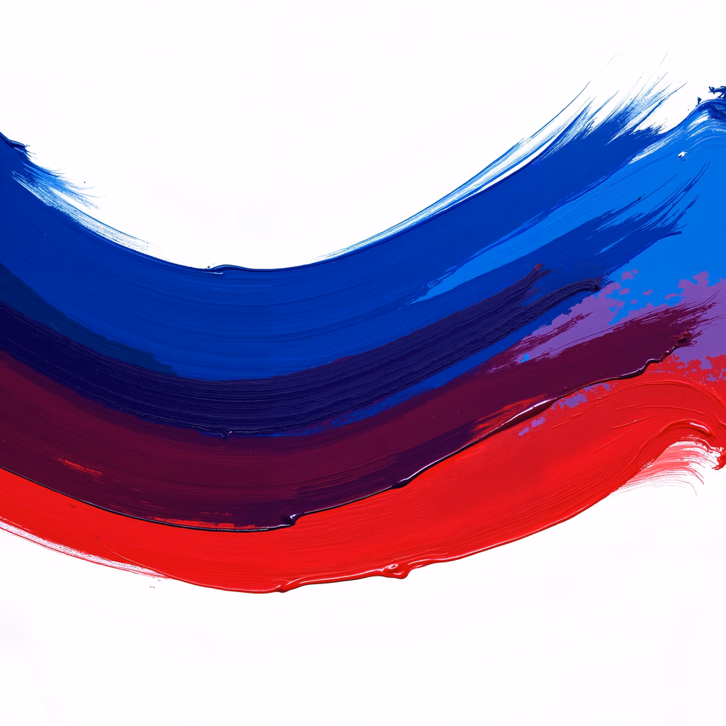 Bold brushstrokes in red, purple, and blue on a white background.