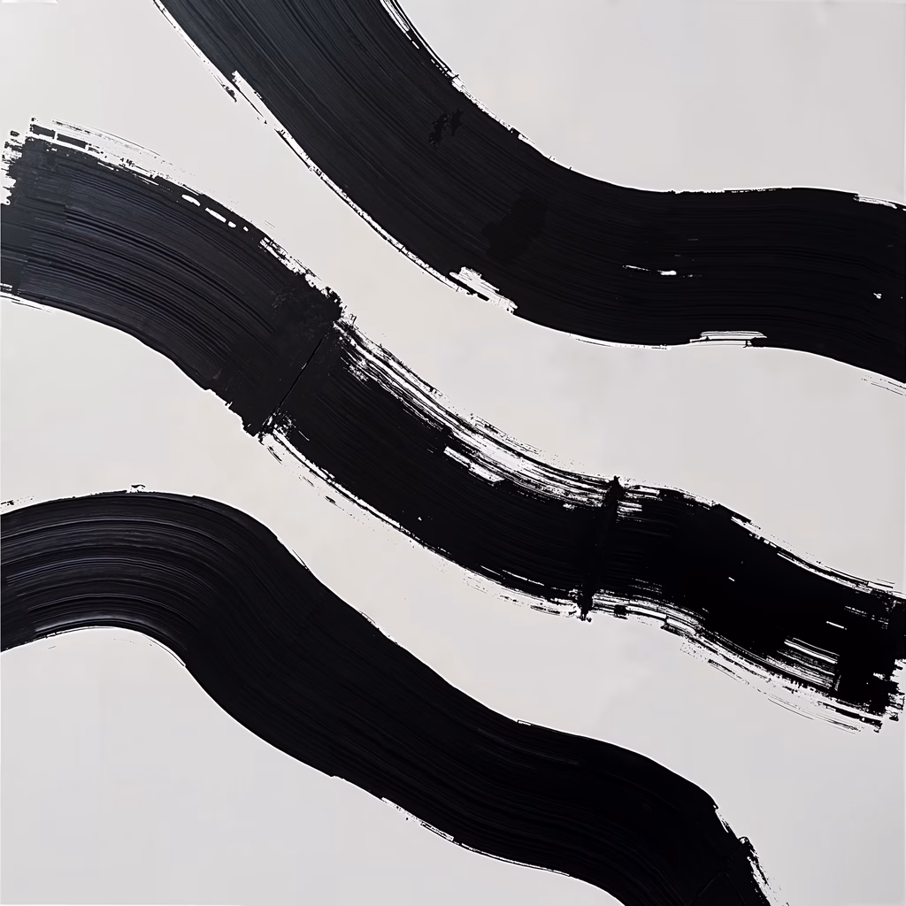 Bold black brushstrokes on white create a dynamic and energetic abstract artwork.