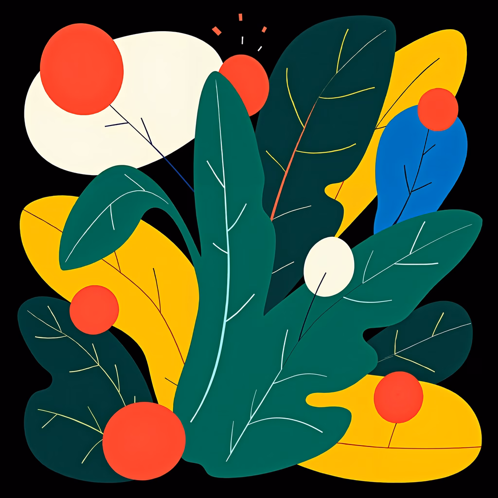 Bold, abstract plant illustration with primary colors on a black background.