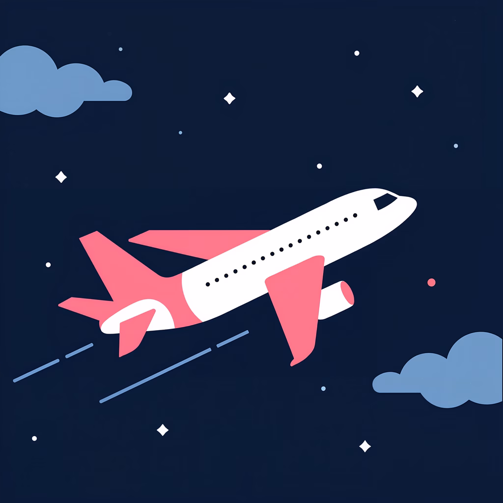 Stylized airplane flying through a starlit sky, symbolizing travel and exploration.