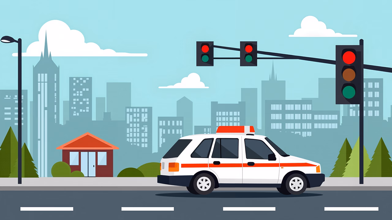 A dynamic ambulance speeds through a lively cityscape under clear skies.