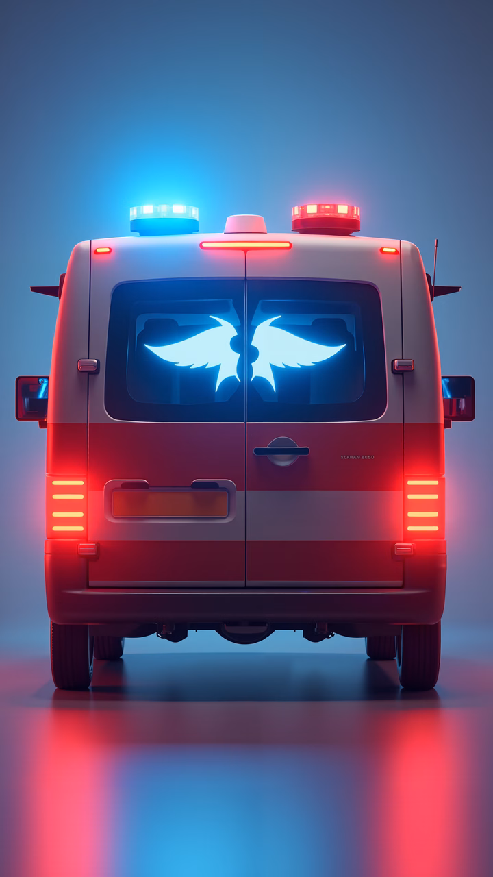 Glowing angelic eyes in an ambulance illuminated by red and blue lights.