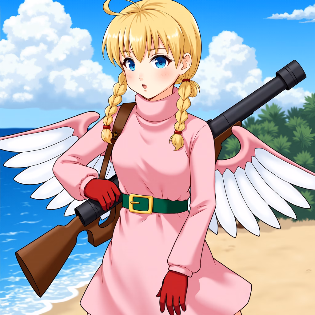 An angelic warrior in a pink outfit holding a rifle, set against a sunny beach backdrop.