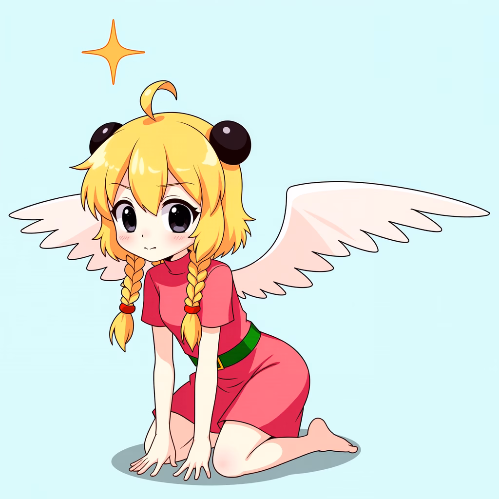 A cute anime girl with angel wings and a sparkly star, kneeling in a serene pose.