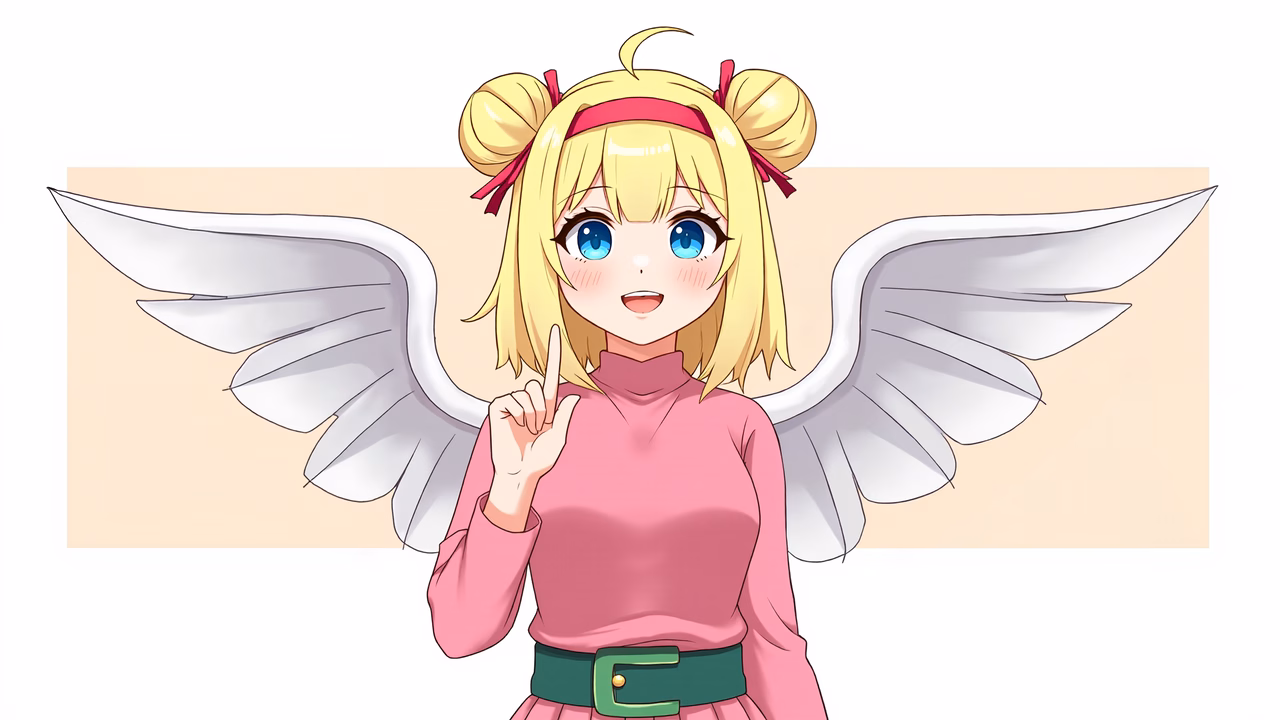 Cute anime girl with angel wings and pink outfit.