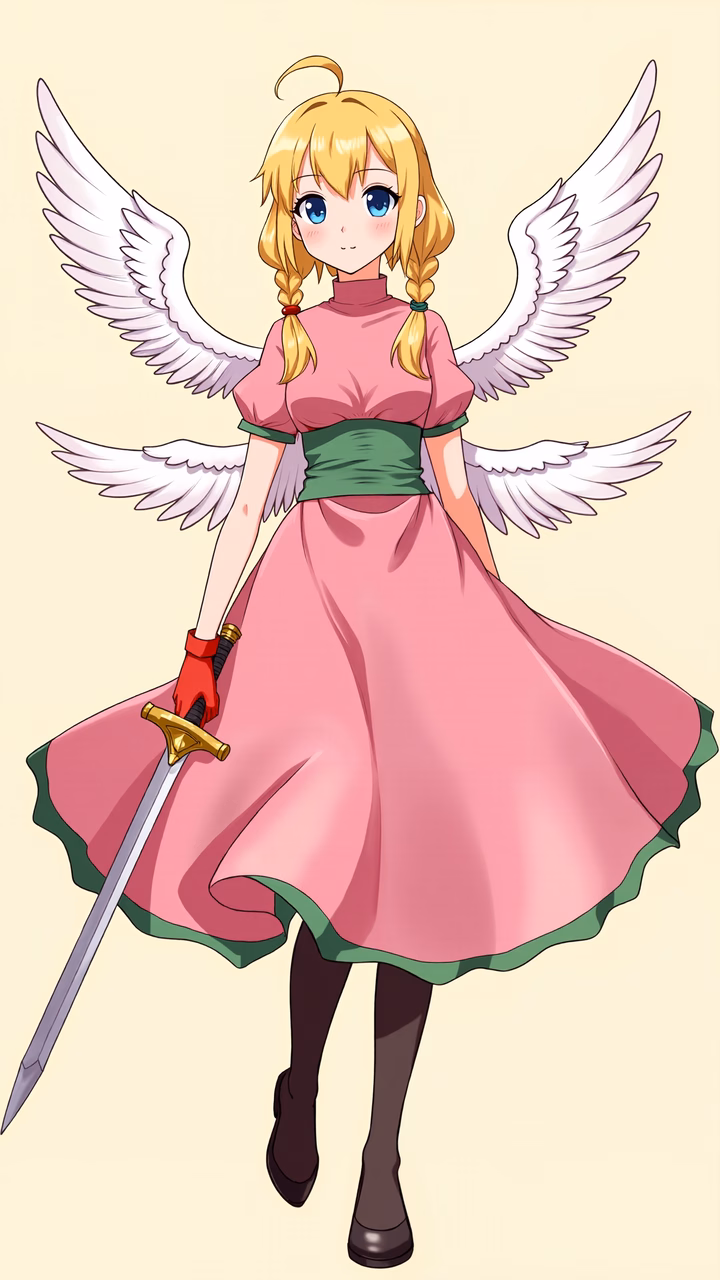 A youthful angel warrior in a pink dress, holding a sword, standing against a beige background.