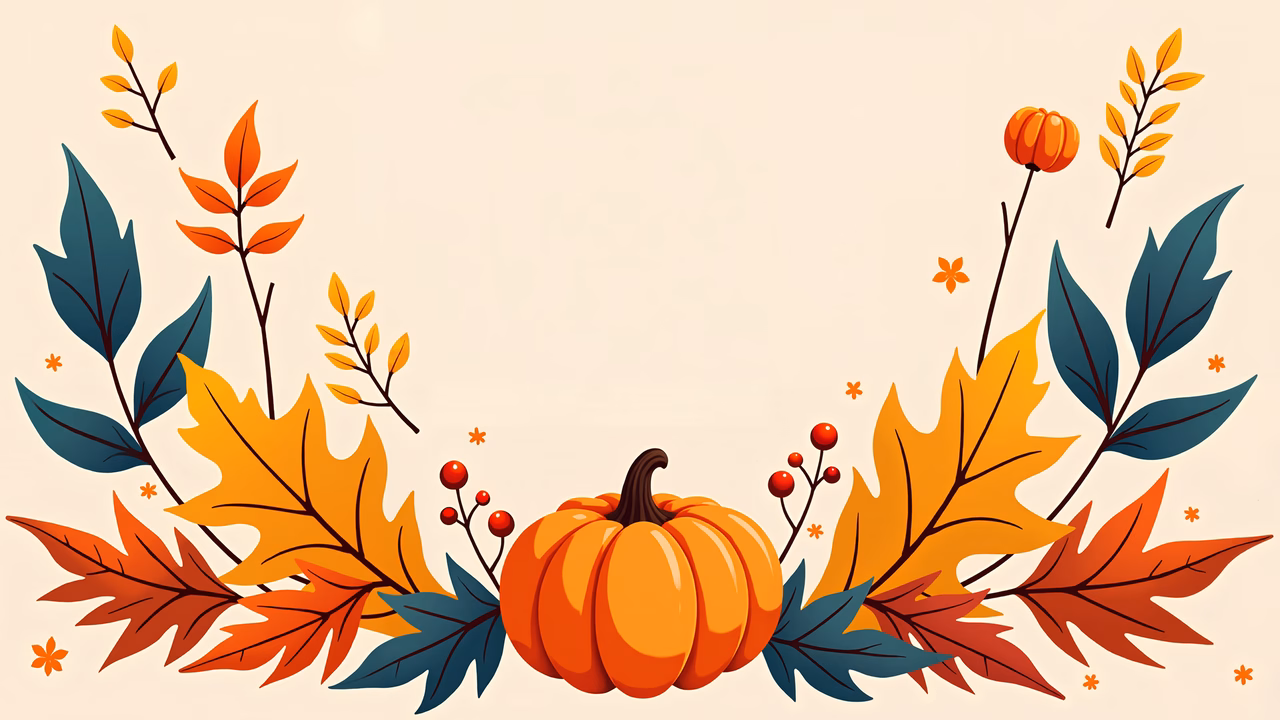 Vibrant autumn illustration featuring a pumpkin and colorful foliage.