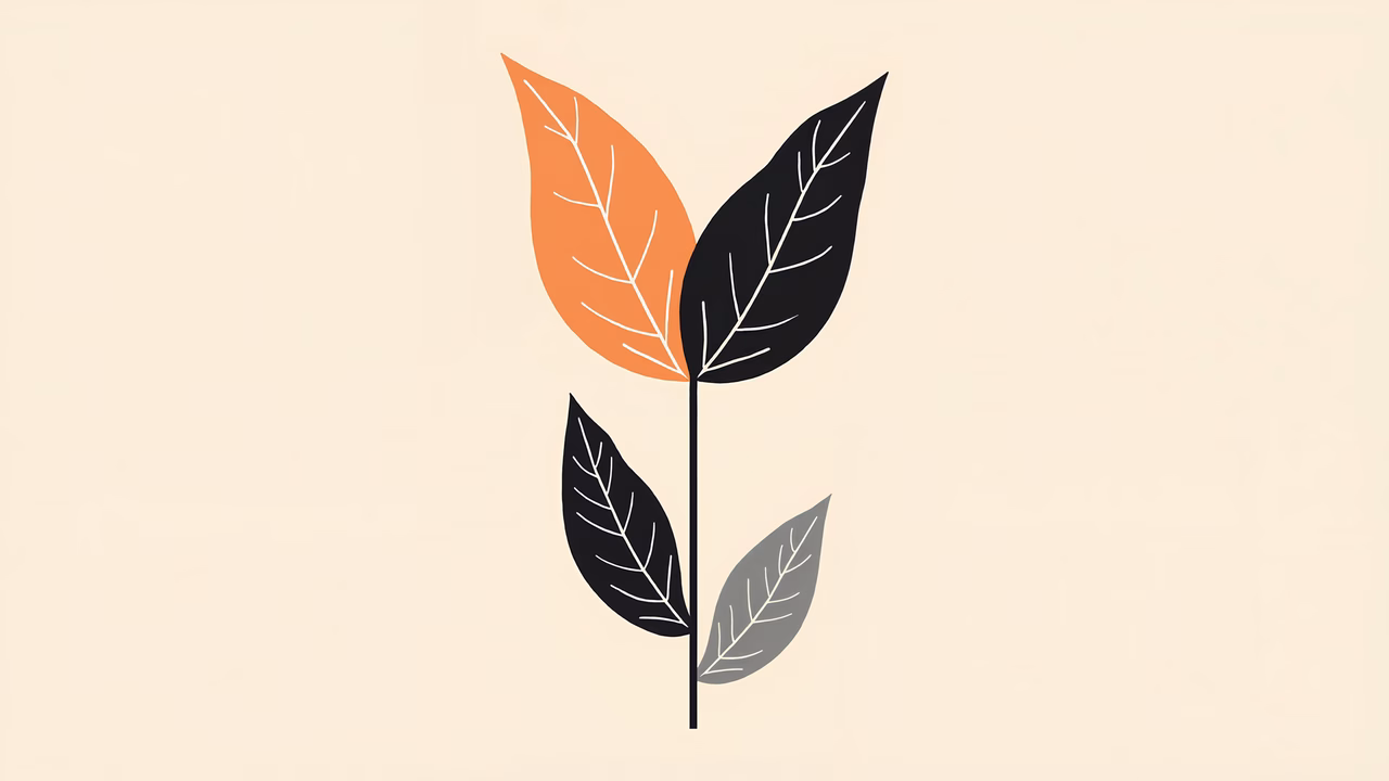 Minimalist autumn leaves illustration with vibrant colors on a neutral background.