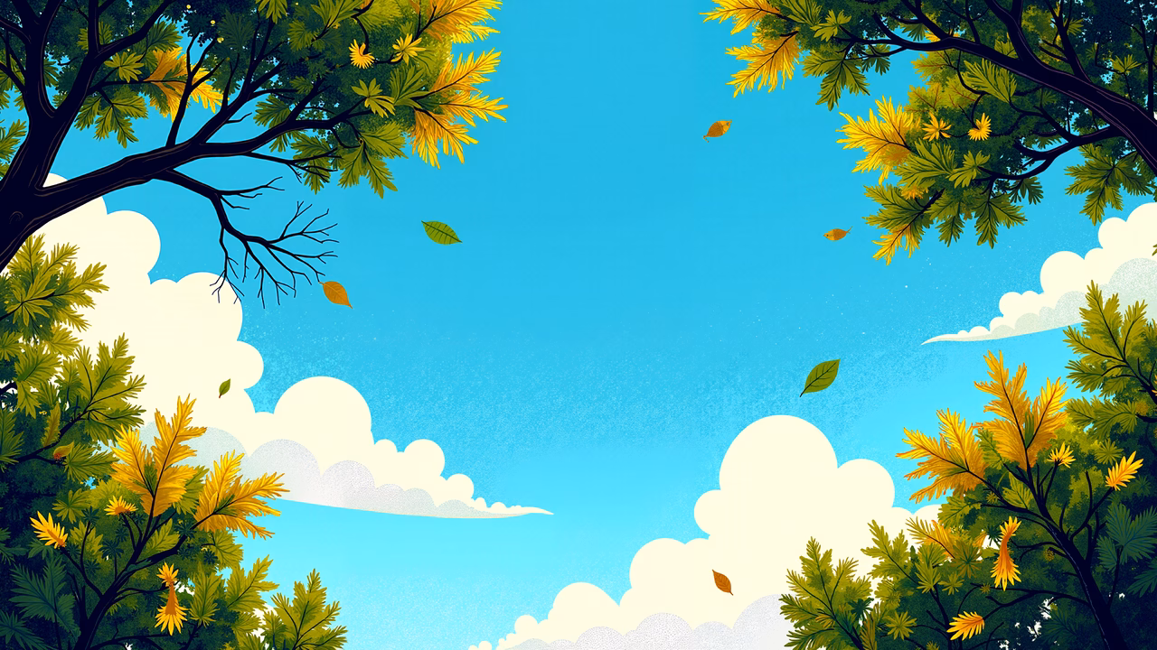 Vibrant autumn scene with yellow-green foliage and blue sky.