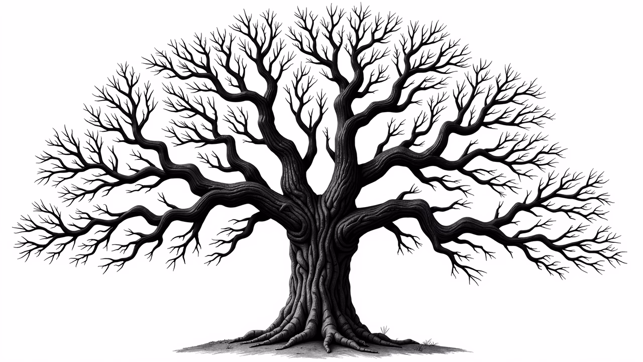 Detailed black-and-white illustration of a bare tree with intricate branches and textured trunk.