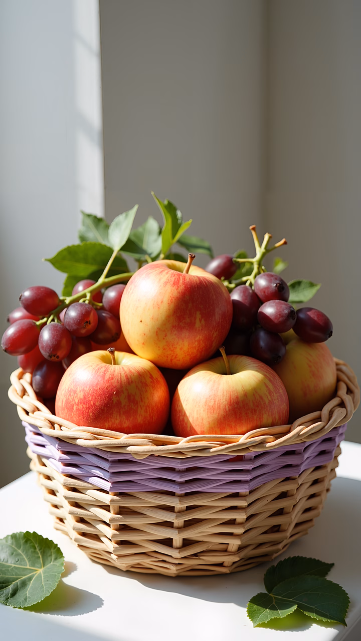 A basket filled with apples and grapes, illuminated by natural light.