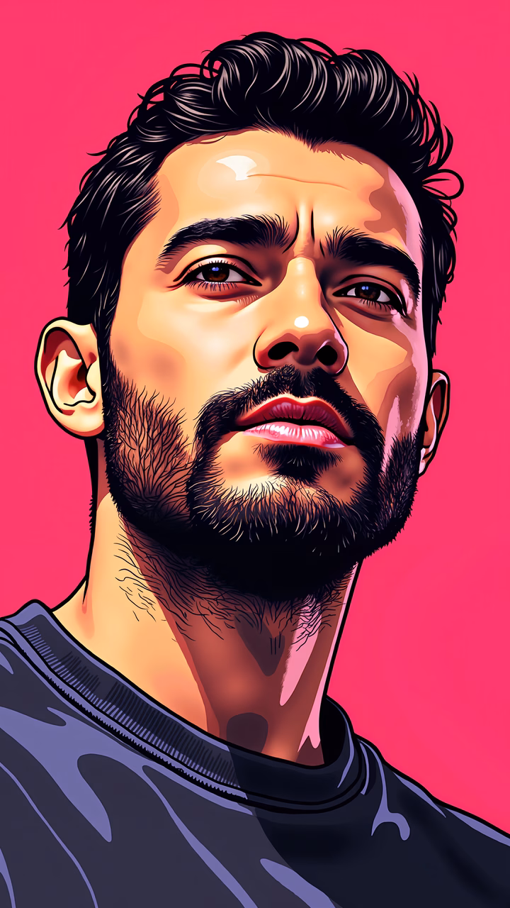 Modern portrait of a bearded man with intense expression, bold lines, and vibrant colors.