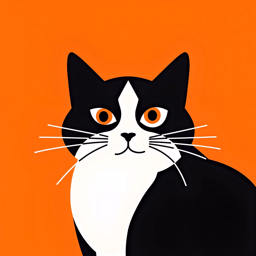 Minimalist black and white cat with vibrant orange eyes on a bold orange background.
