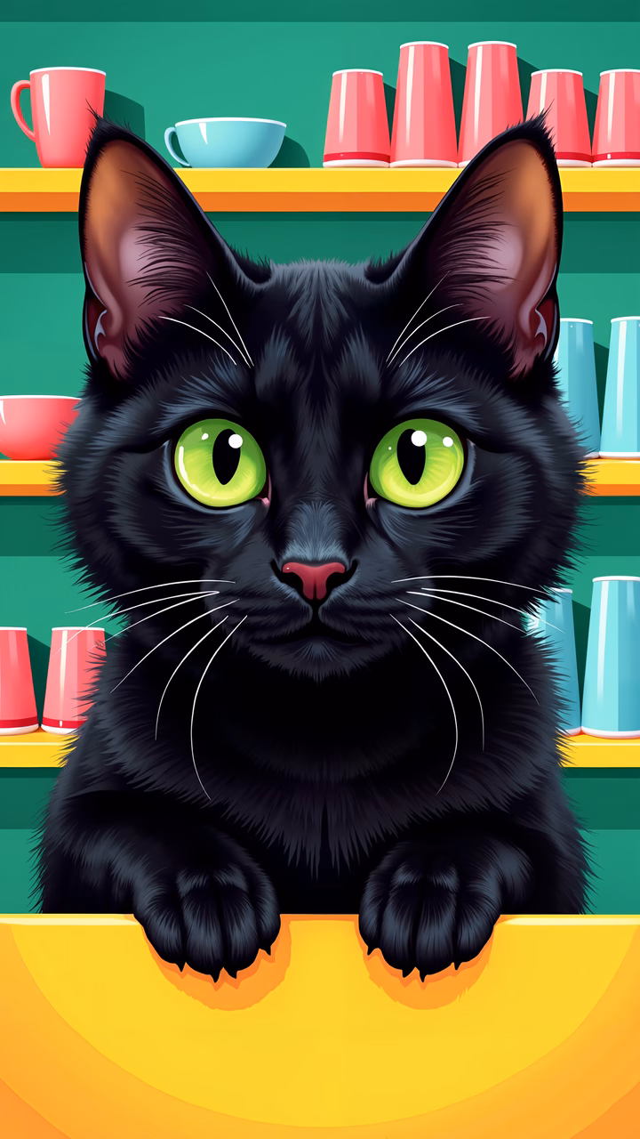 A charming black cat with green eyes, sitting amidst colorful kitchenware.