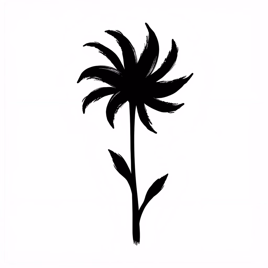 Bold black flower silhouette on white background, evoking tranquility and natural beauty.