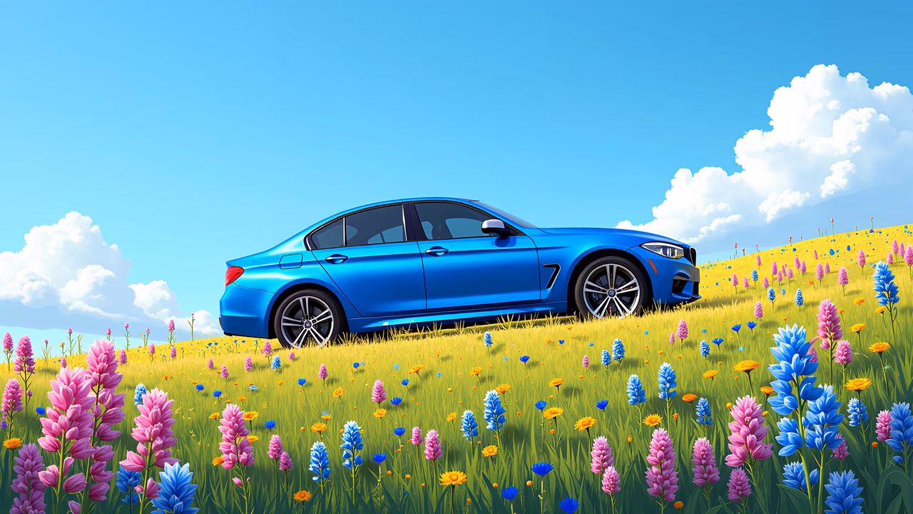 A blue car surrounded by colorful flowers under a clear sky, evoking joy and tranquility.