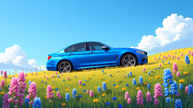 Blue Car in a Flower Field