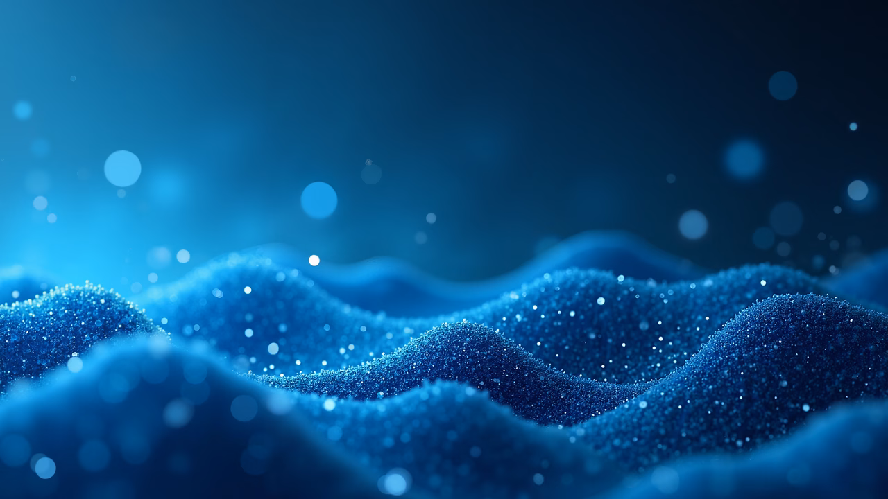 Abstract digital art with glittering blue waves and diffused lighting.